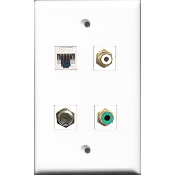 RiteAV 1 Port RCA White and 1 Port RCA Green and 1 Port Coax Cable TV- F-Type and 1 Port Cat5e Ethernet White Wall Plate