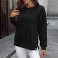 thumbnail image 6 of Women's Side Slit Button Detail Round Neck Sweatshirt, Autumn Winter Solid Color Casual Long Sleeve Pullover Top with Soft Cotton Polyester Blend for Comfortable Relaxed Fit and Street Fashion Black, 6 of 8