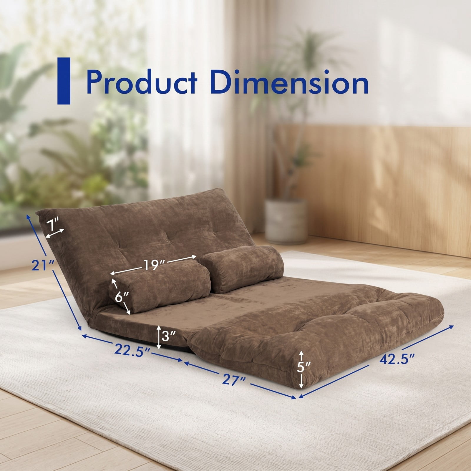 Furnibear 6-Position Adjustable Floor Sofa Bed, Foldable Sleeper Lounge Couch with 2 Pillows, Padded Corduroy Recliner Chair for Living Room Bedroom, 330, Coffee Brown