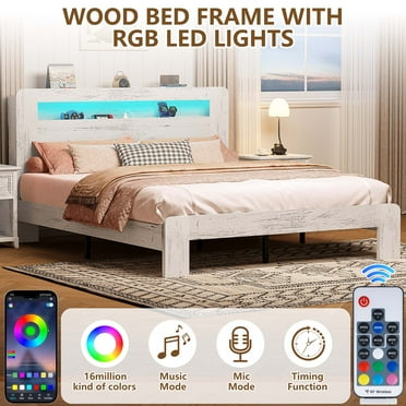 Queen Bed Frame, UHOMEPRO Wood Platform Bed Frame with LED Storage Headboard and Charging Station, Queen Size Bed Frame with Strong Support, Modern Bedroom Furniture, No Box Spring Needed, White