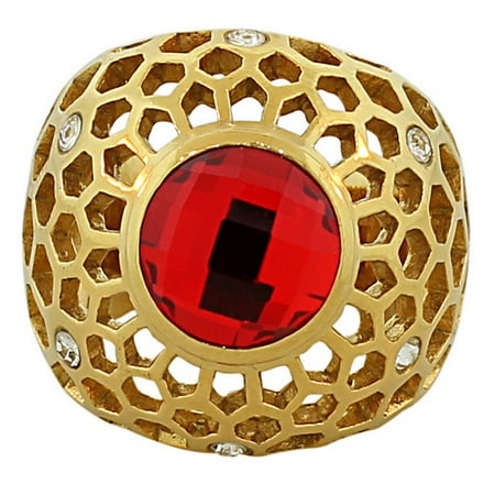 TECNO STEEL Stainless Steel Yellow Gold-Tone Red Ruby-Tone CZ Statement Ring