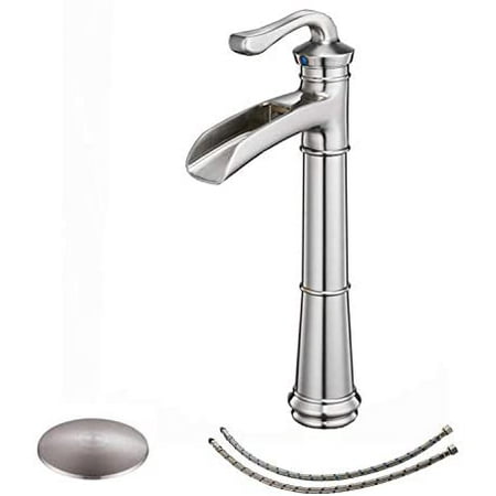 

Brushed Nickel Bathroom Faucet with Drain Assembly and Supply Hose Lead-Free Waterfall Vessel Sink Faucet Lavatory Single-Handle Mixer Tap Tall Body