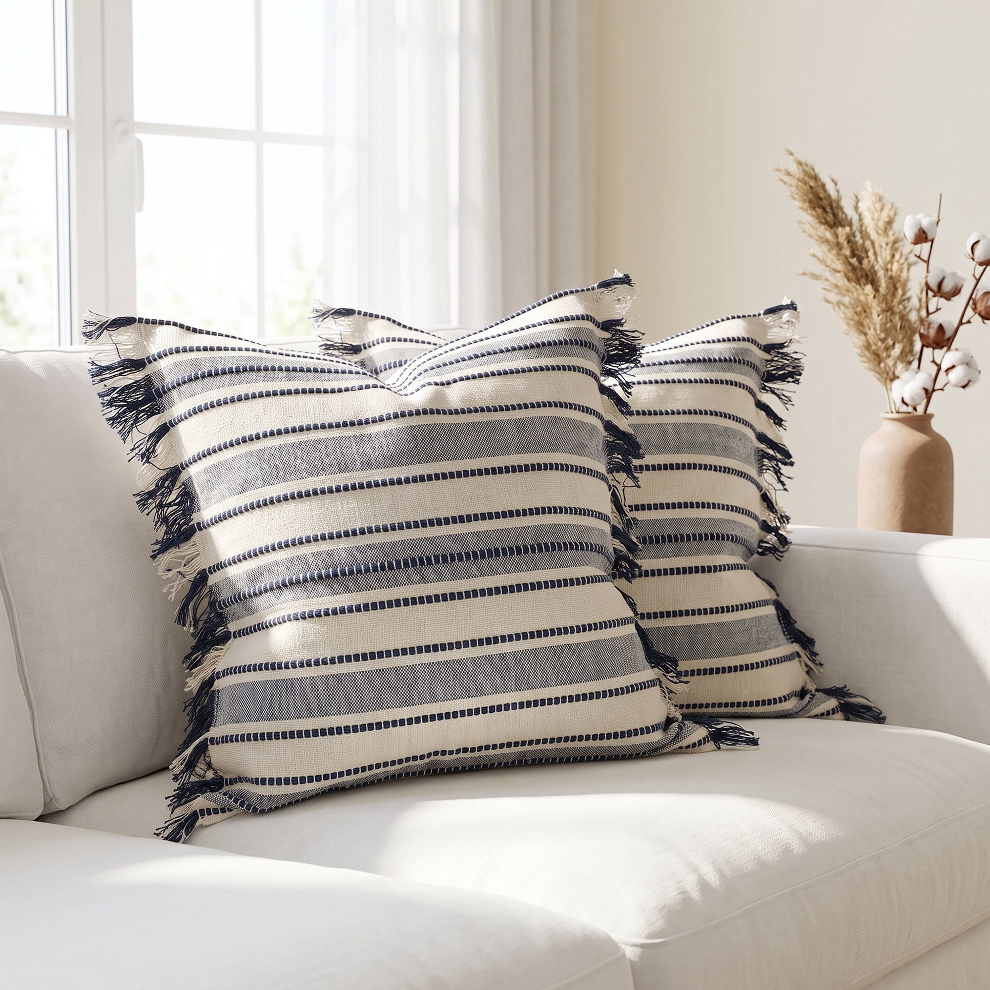 Unique Bargains Boho Stripe Throw Pillow Covers 2 Pack Tassel Cushion Cases Blue 18"x18"