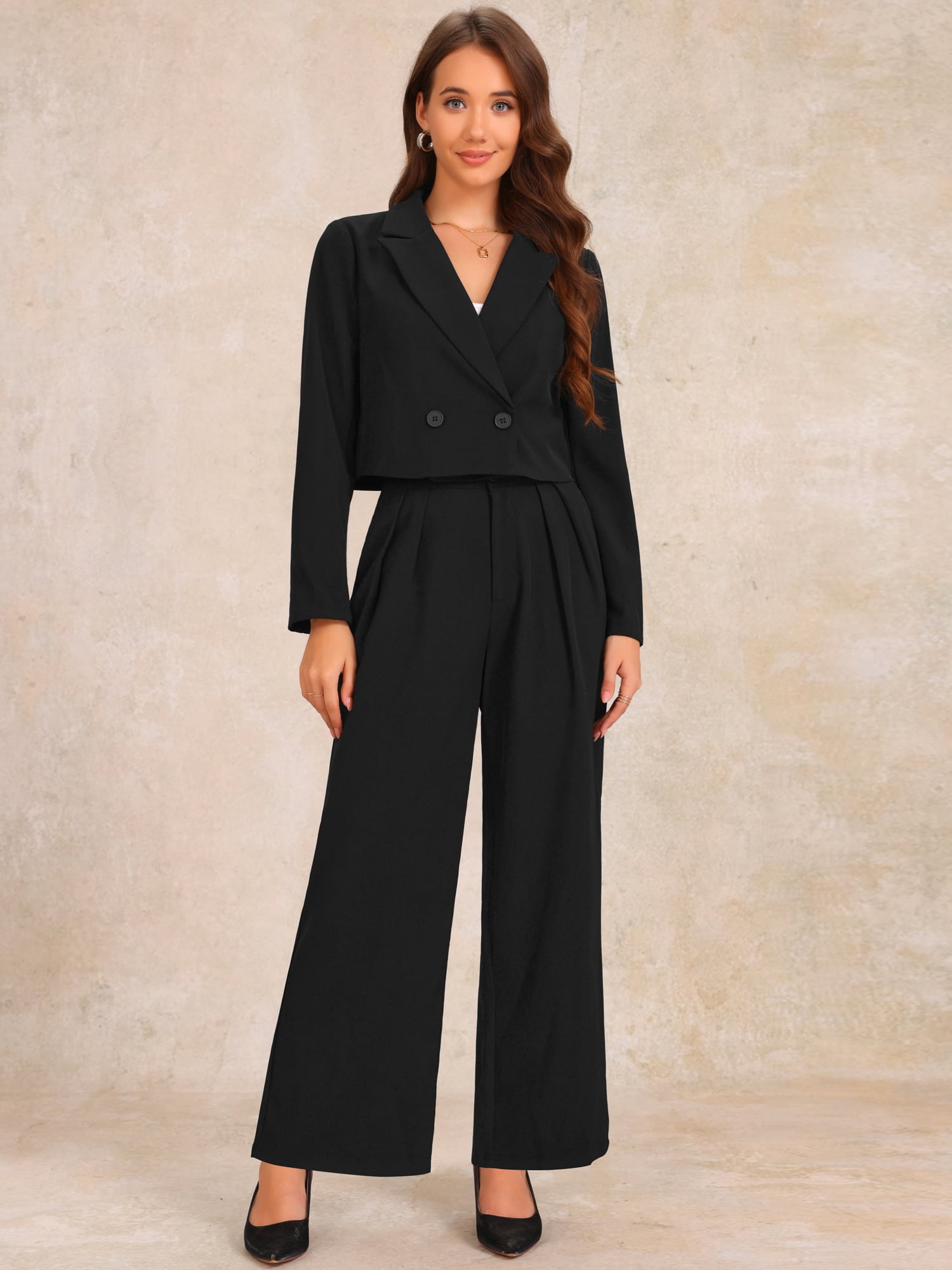 DARING DIVA Women's 2 Pcs Notched Lapel Jacket Wide Leg Pant L Black