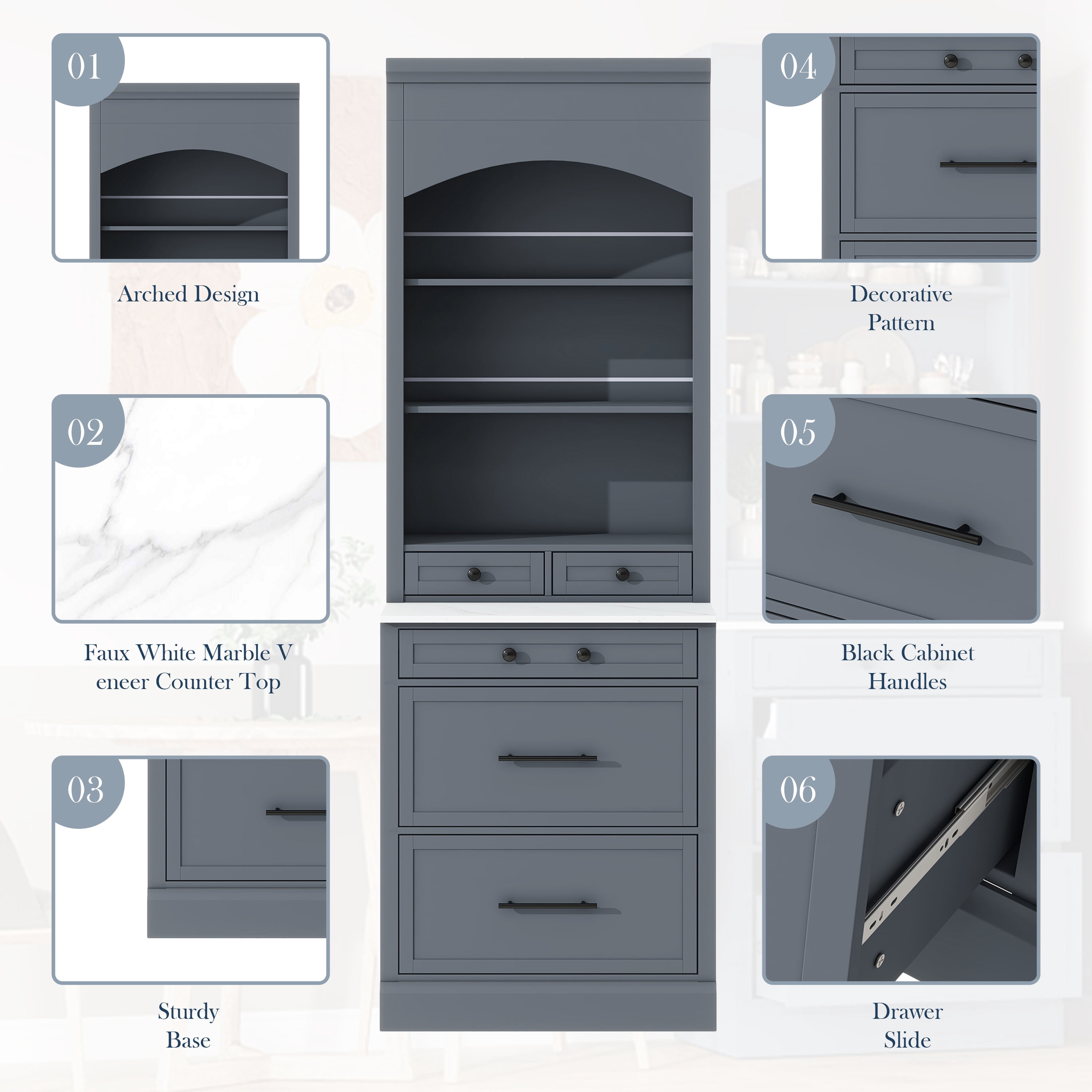 Harper & Bright Designs Freestanding Kitchen Pantry Storage Cabinet with Drawers and Shelves, Large Kitchen Hutch with Door Towel Rack Power Outlet, Gray