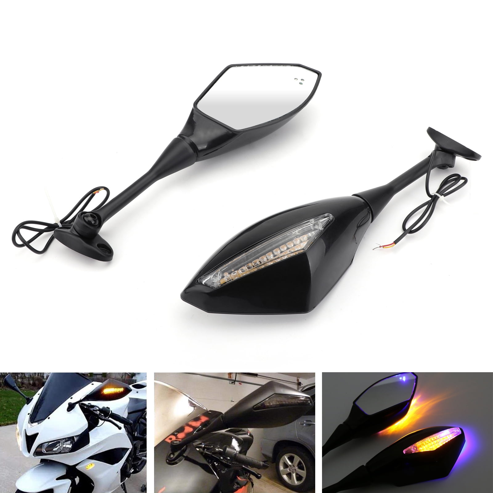 Black Rearview Mirrors w/ LED Turn Signal Light Len For Honda CBR600RR CBR1000RR 