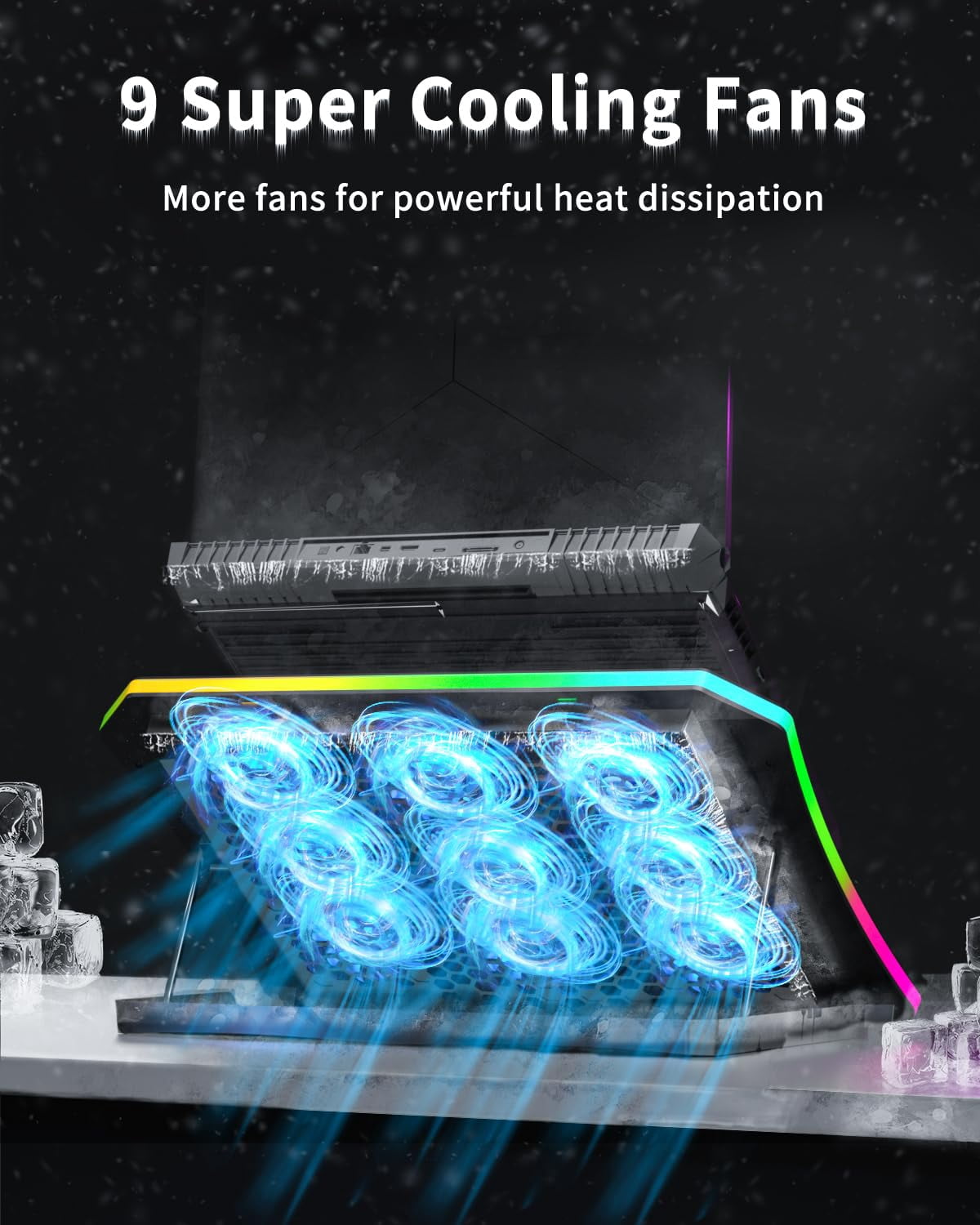 Upgraded Gaming Laptop Cooler Pad With 9 Quiet Rgb Fans  For 15.6-17.3 Inch Laptops 7 Height Stands 2 Usb Ports Phone Stand-blue