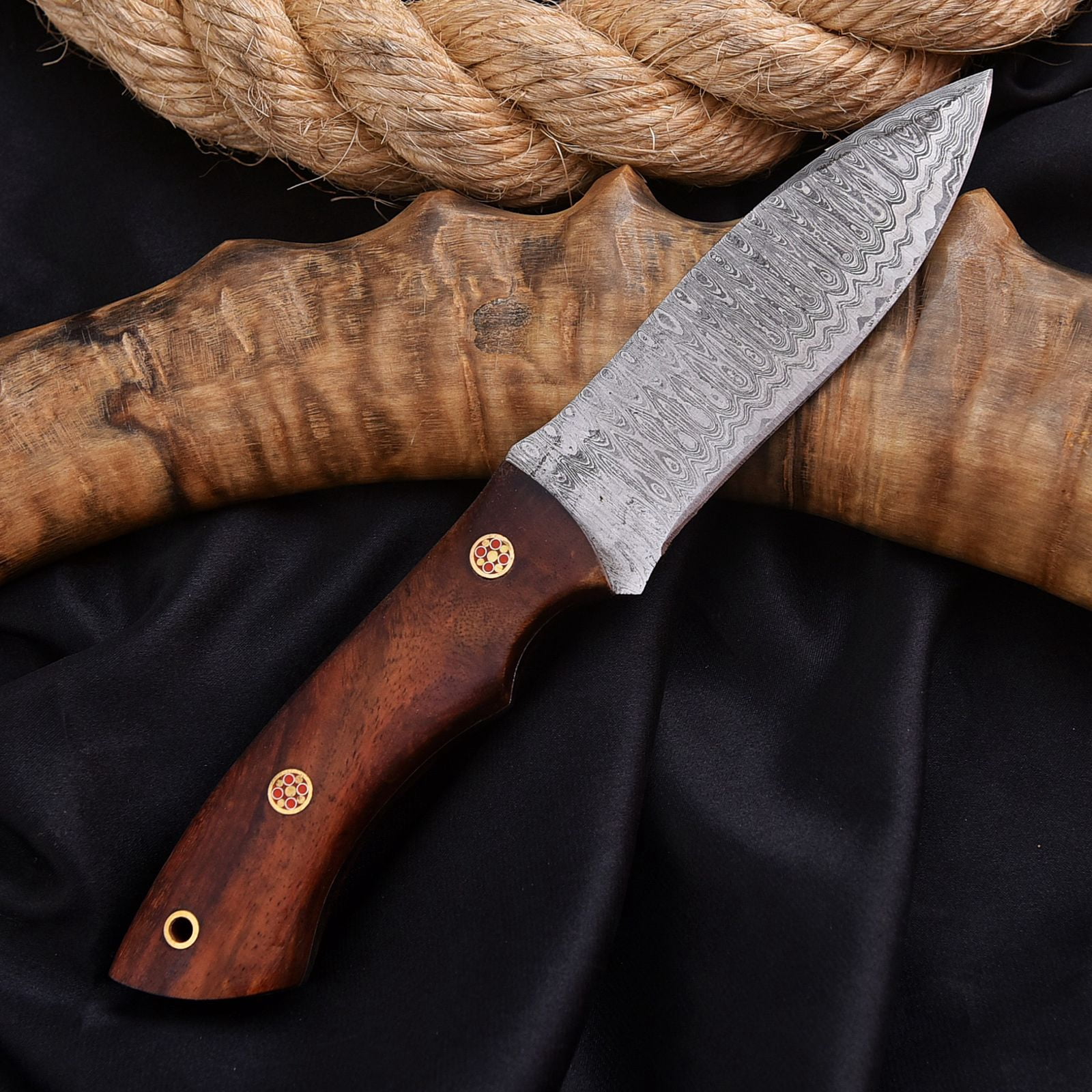 Damascus Hunting Knife Bushcraft Survival Blade, Leather Sheath Outdoor Camping Equipment