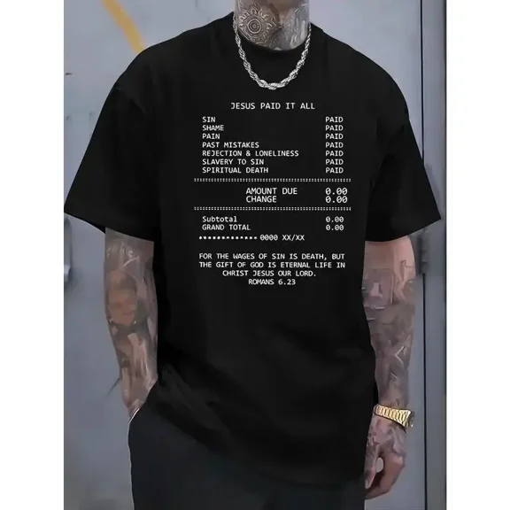 JESUS PAID IT ALL Graphic Print Tee - Soft, Breathable, Casual Short Sleeve T-Shirt for Men - Perfect for Summer, Outdoor Activities, and Faith-Based Events Streetwear Crewneck