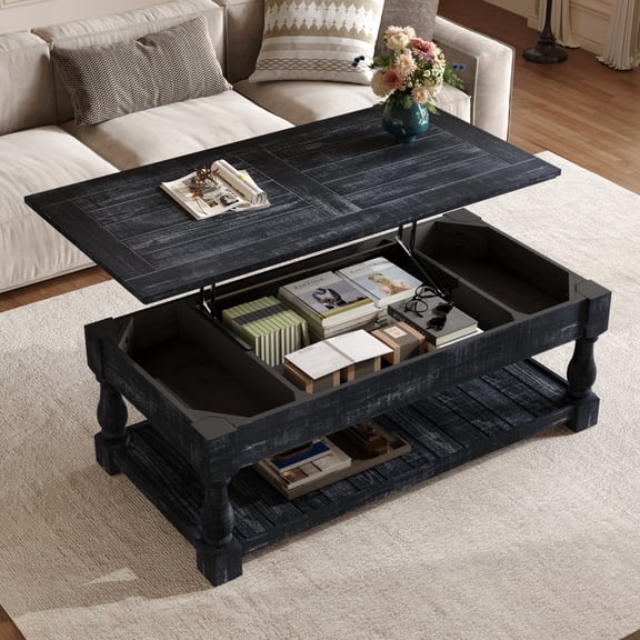 Atumcto Farmhouse Lift Top Coffee Table with Storage, 2-Tier Wood Center Table with 3 Hidden Trays, Weathered Black