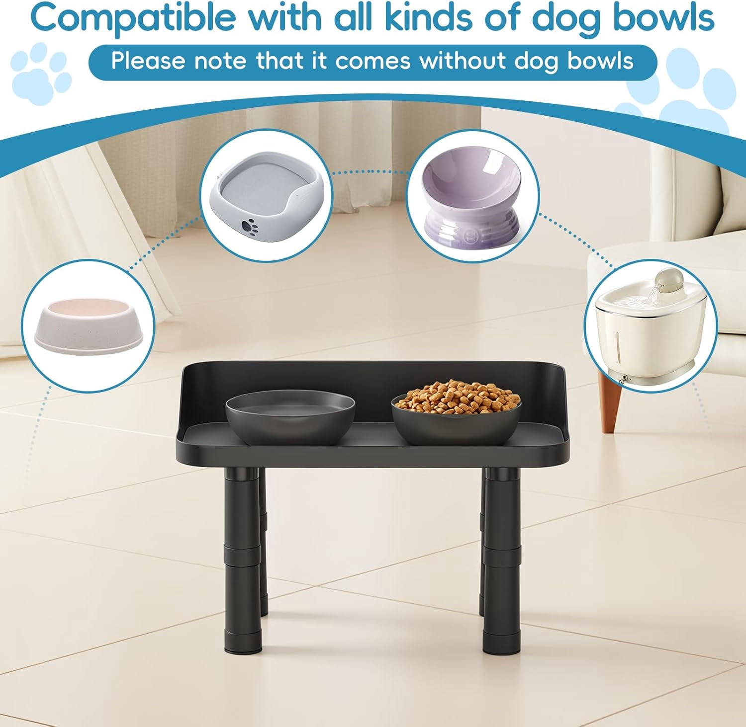 Flymer Elevated Dog Food Bowl Stand - Adjuastable Raised Dog Feeding Station with Splash Gard 16"W Pet Cat Food Table for Large Dogs