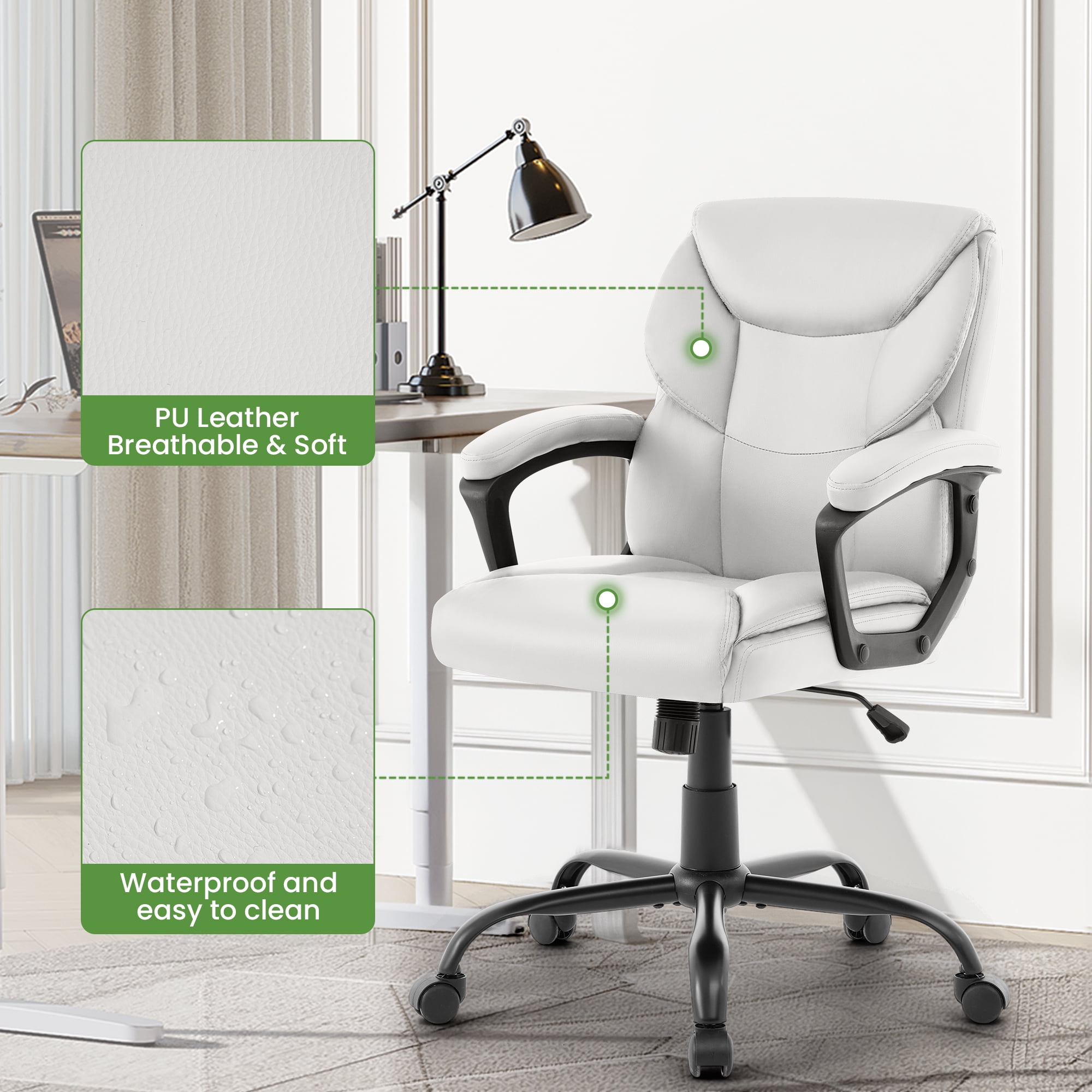JONPONY Leather Office Chair, Big and Tall 400lbs Ergonomic Desk Chairs with Back Support, Executive Leather Chair with Wheels for Home Office, 360°Swivel Free, White