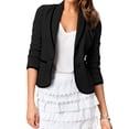 thumbnail image 1 of ManHanLi Women Black Trimmed Lapel Collar Button Down Pockets Long Sleeve Cropped Jacket, 1 of 3
