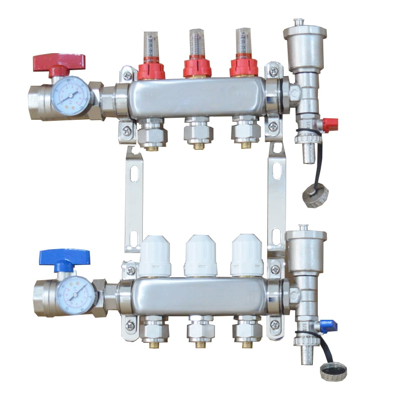 3-Branch PEX Manifold Radiant Floor Heating Set Stainless Steel with Connectors 