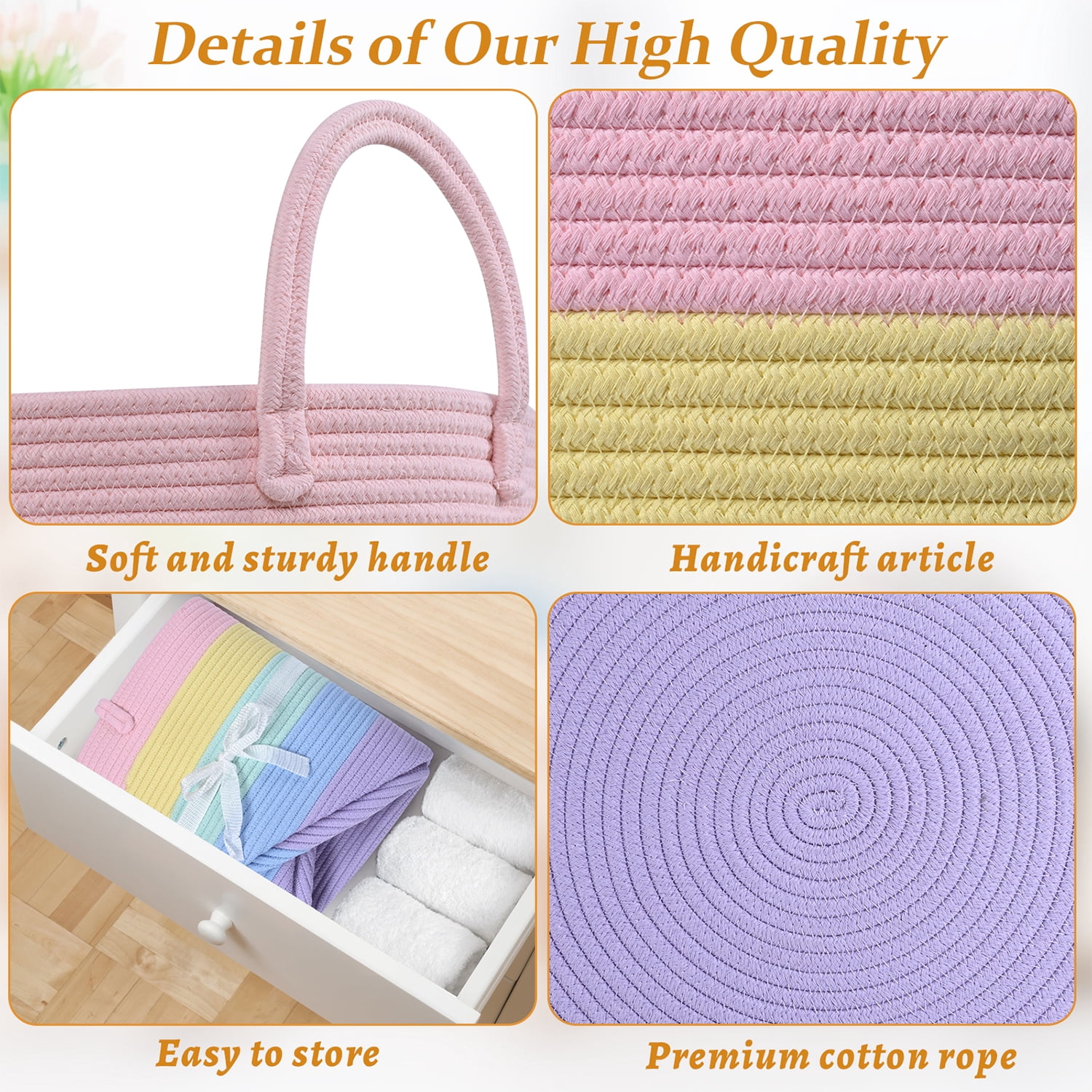 Natubeau 65L Large Cotton Rope Storage Basket, Soft Rainbow Decorative Basket for Living Room & Nursery, Foldable Laundry & Toy Organizer, 20"x20"x13"