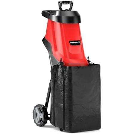 15 Amp Electric Wood Chipper Shredder, Corded Wood Mulcher Shredder with Plunger, Collection Bag & 15:1 Reduction, Garden Shredder with Wheels for Branches, Leaves, Waste(Red)$$Garden & Patio