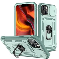Allytech iPhone 13 2021 Case with Glass Screen Protector, 3-Layer Hybrid Impact Resistant 360° Rotating Magnetic Ring Holder Kickstand Slide Lens Protective Inner Card Holder Case, Grayish Green