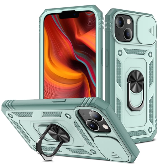 for iPhone 14 Case with Camera Cover, 360° Rotate Ring Stand Impact-Resistant Shockproof Protective Bumper Car Mount Magnetic Armor Military Drop Protection Heavy Duty Case, Green