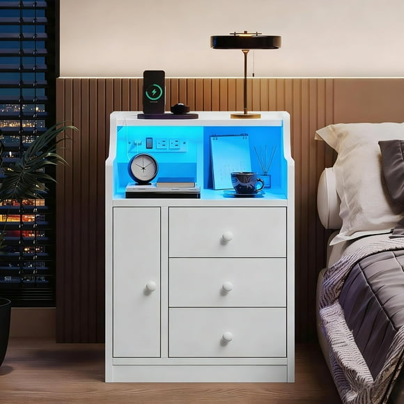 Mesita de Noche, Buros para Recamara con Luces Led y Estaci贸n de Carga, Mesa Auxiliar con 3 Cajones y 1 Puerta, para Dormitorio y Sala De Estar, 45 X 35,5 X 68 Cm (Blanco)