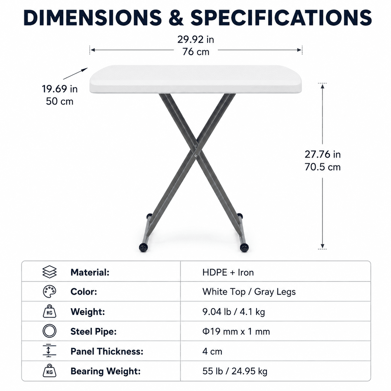 Alvantor Adjustable Folding Table, 30 x 20 in Small HDPE Portable Personal Table with Steel Legs, White Gray, Indoor Outdoor Use