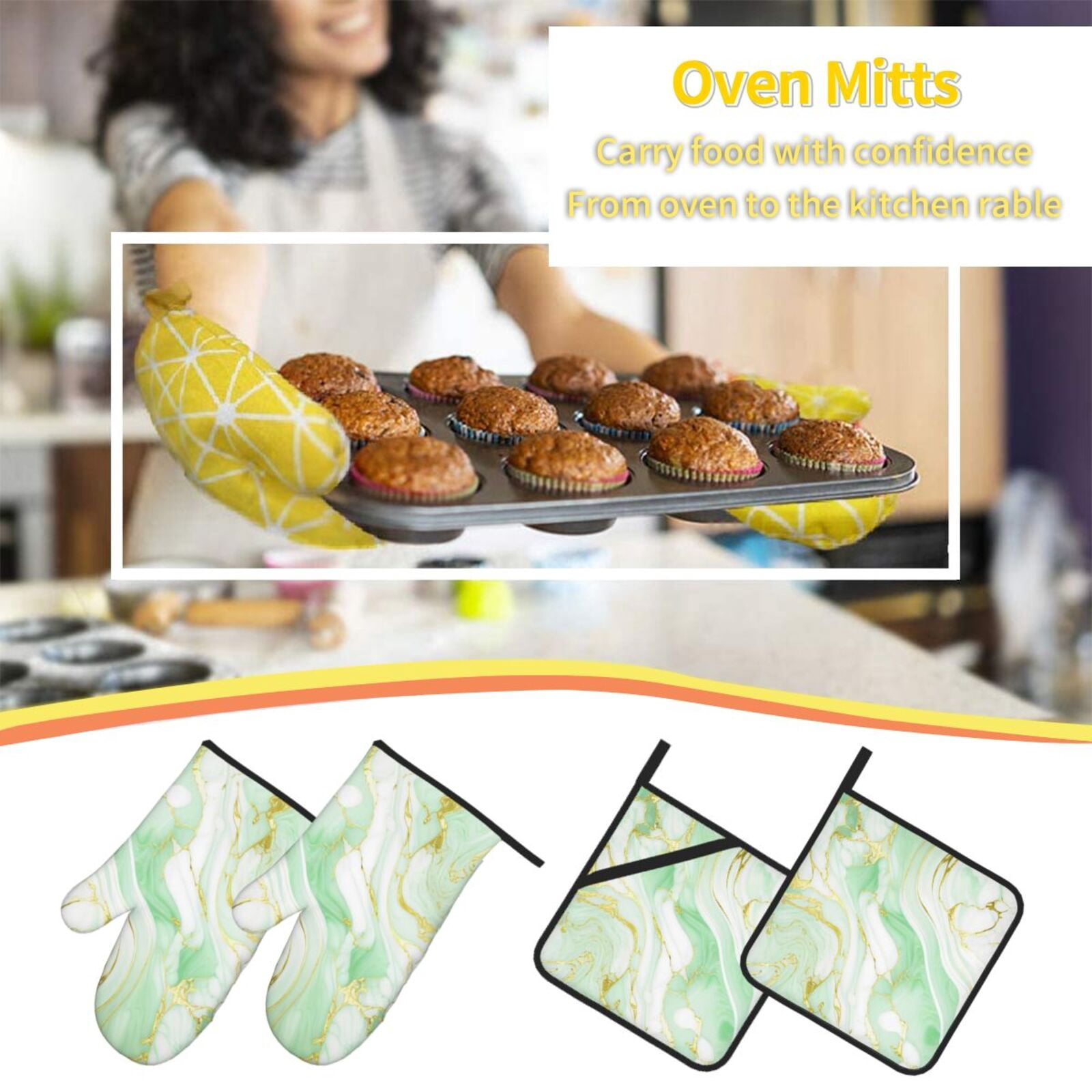 Naloa Green And Gold Abstract Marble Oven Mitts and Pot Holders 4 pcs Set, Cooking Baking Grilling Kitchen Oven Glove for Cooking