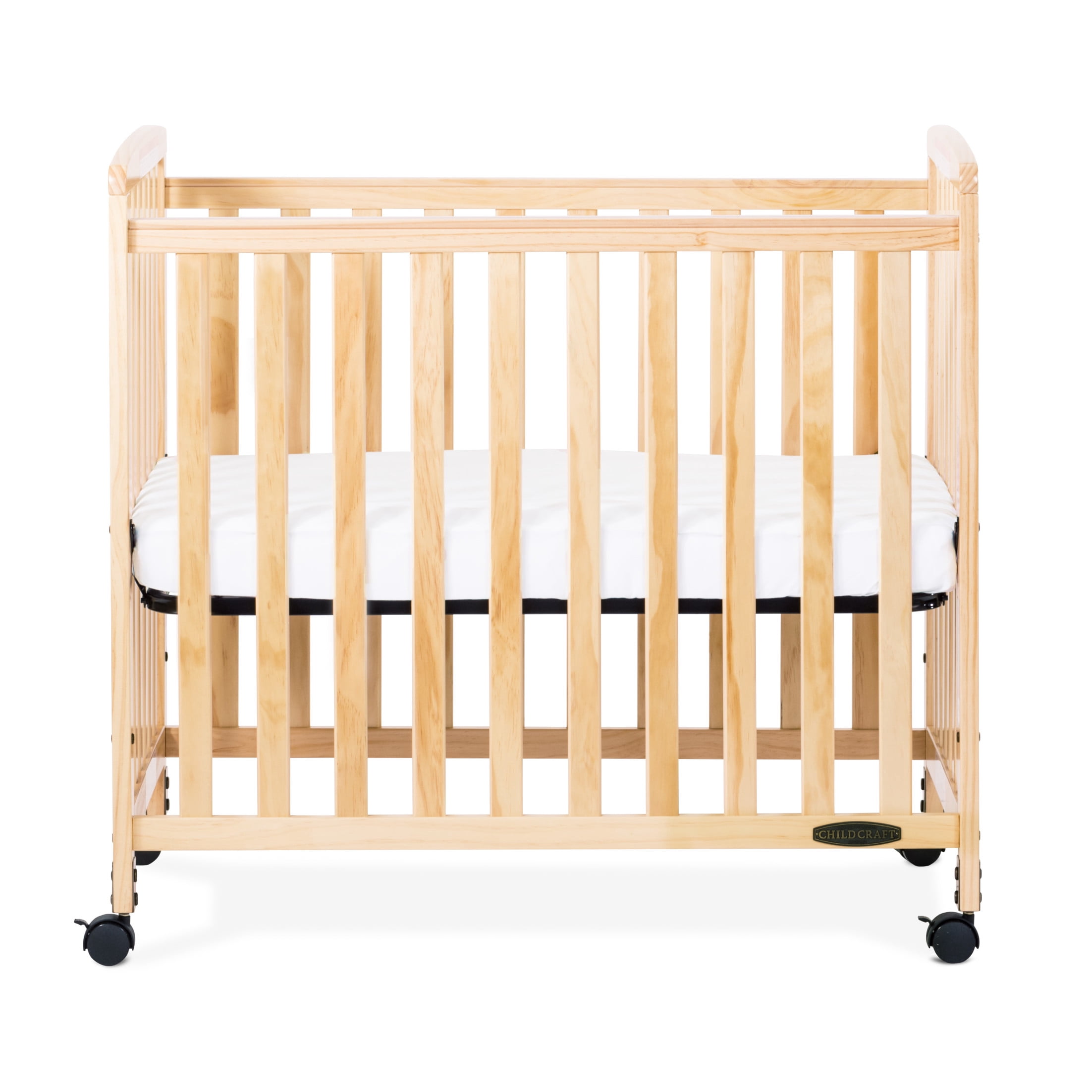 Child Craft Bristol Compact Portable Crib with 3" Mattress, Durable Wood Frame, Quiet Casters, Natural