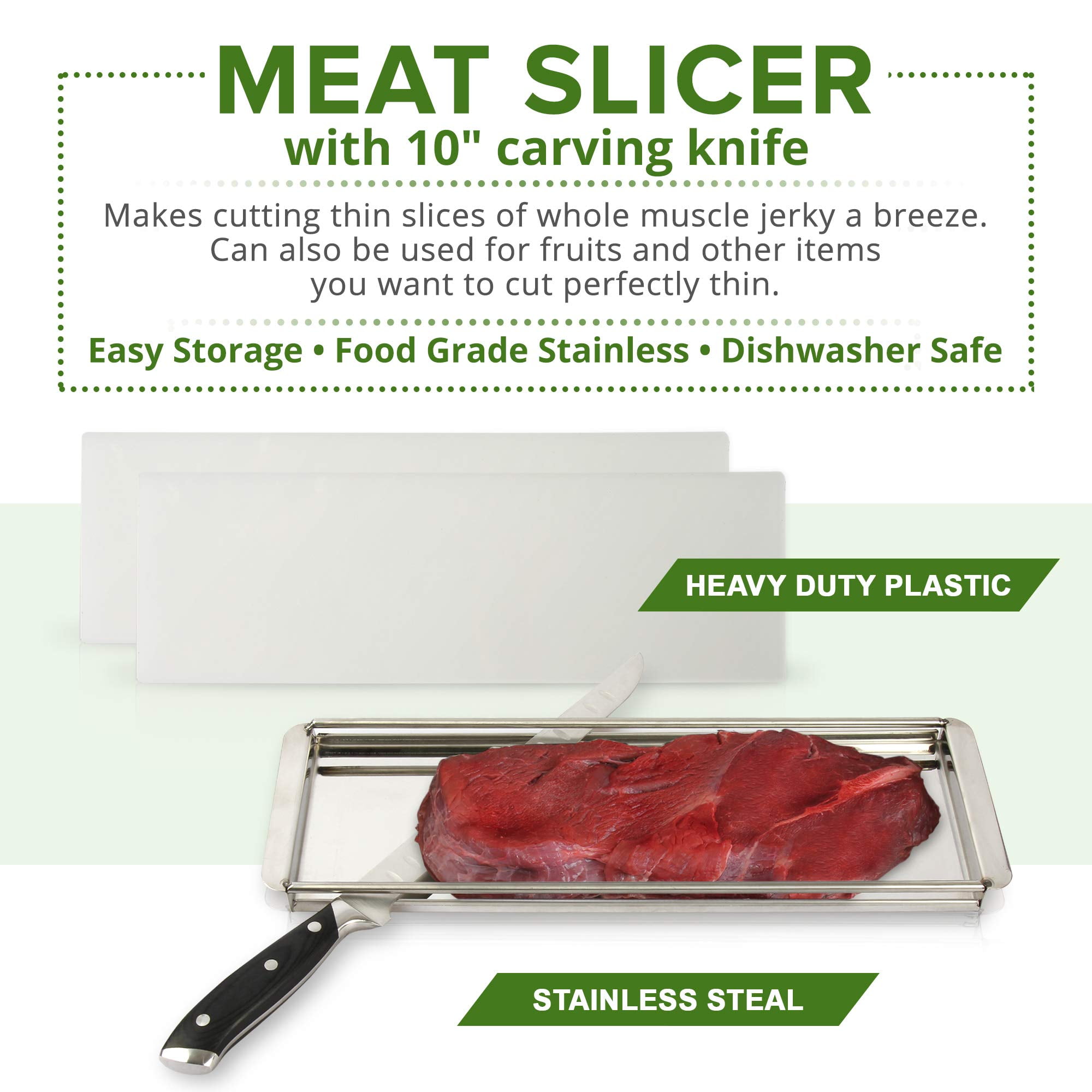 Advanced Beef Jerky Slicer Kit- 100% Precision Uniform Slices Guaranteed - Adjustable Thickness Dishwasher Safe Beef Jerky Cutting Board & 10" Meat Slicing Knife Deliver Gorgeous Jerky Maker Slices