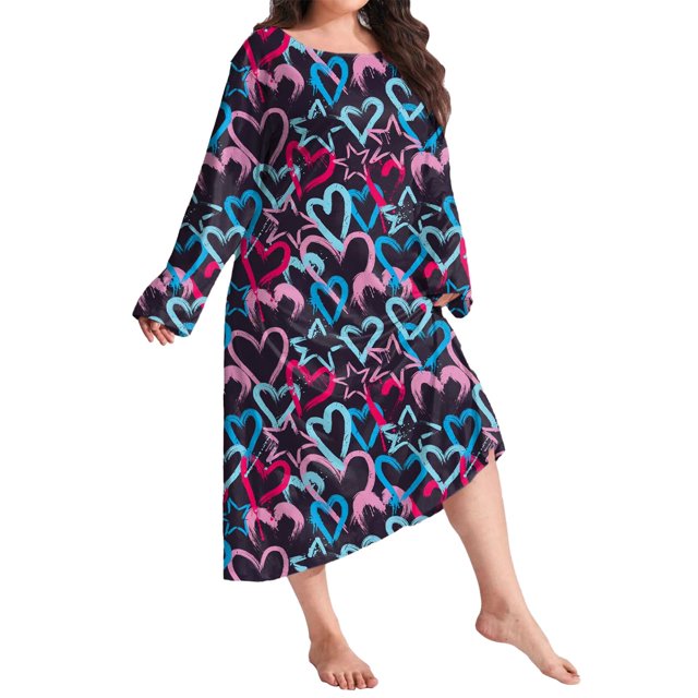 Women's Large Loose Long Sleeve Butterfly Print Drop Shoulder Long Sleeping Dress