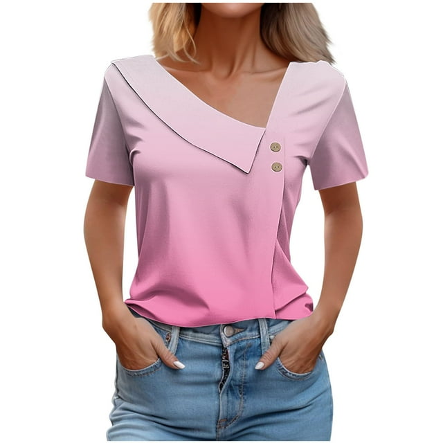 FAIWAD Going Out Tops for Women Irregular V Neck T-Shirts Gradient Short Sleeve Loose Summer Tops