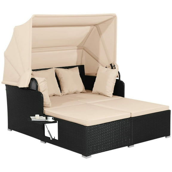 GVN Outdoor Sectional Cushioned Sofa Bed,Patio Rattan Daybed with Retractable Canopy and Side Tables-Beige