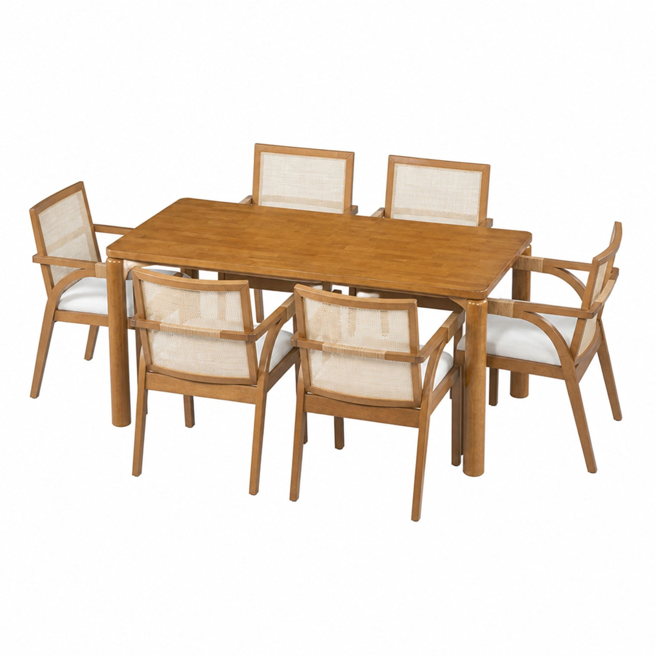 Christopher Knight Home 7-Piece Mid-Century Dining Set, 70" Table with Textilene Back Chairs, Walnut+Beige