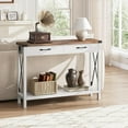 thumbnail image 1 of Table Console avec 2 Tiroirs, Table de Canapé Style Ferme avec Tablette de Rangement, Design en X sur les Côtés, Table d'Entrée en Bois Décorative, Table Étroite pour Canapé avec Pattes en Bois Massif pour Entrée Salon Couloir, 1 of 7