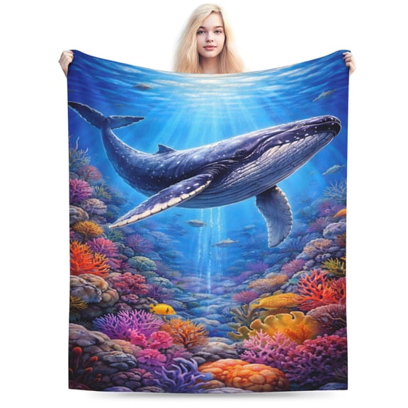 Ocean Whale Coral Reef Art Throw Blanket, Soft Cozy Fleece Decorative Blanket for Bed Sofa Couch All Season 50x40