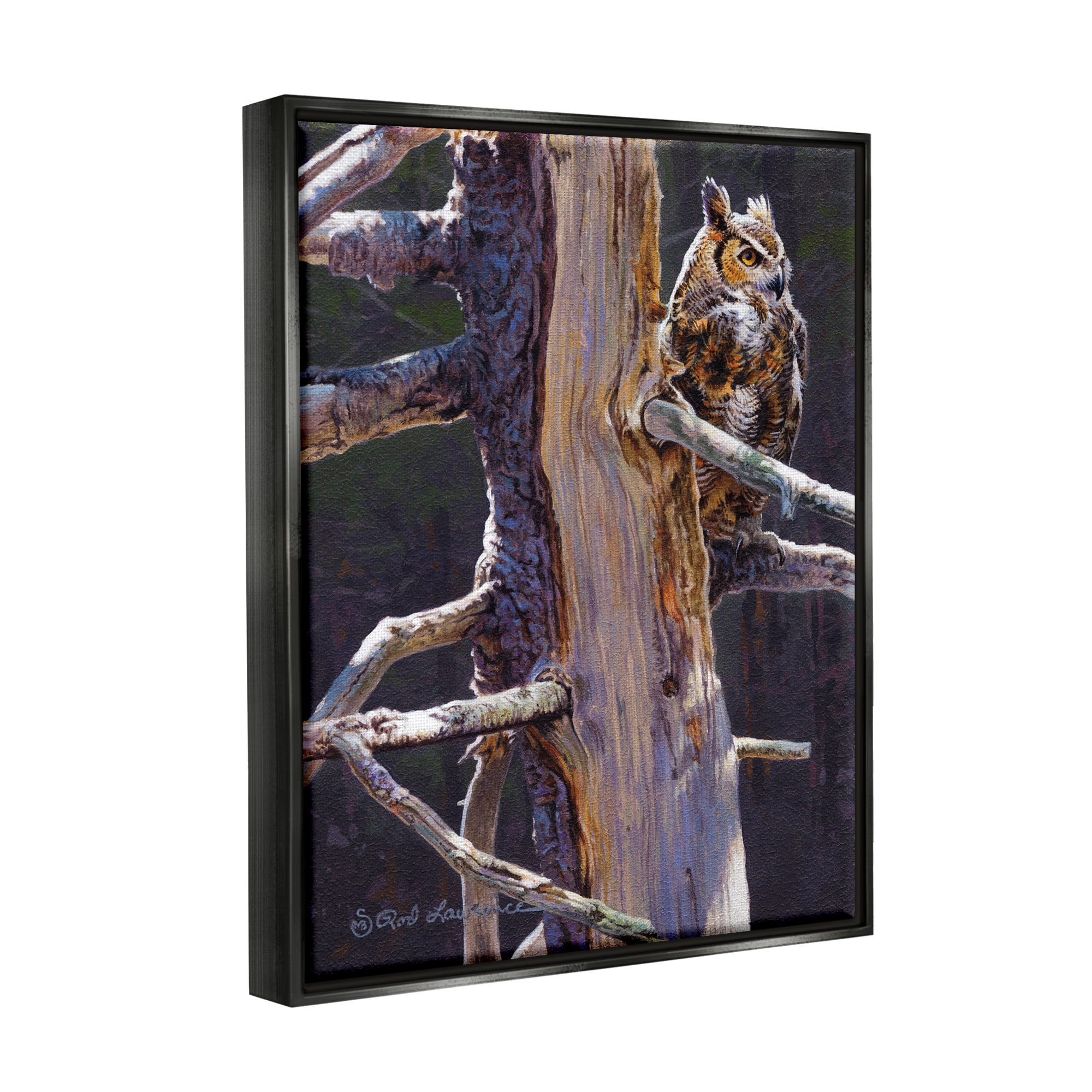 Stupell Industries Owl in Rustic Tree Animals & Insects Painting Black Floater Framed Canvas Art Print Wall Art, 17 x 21