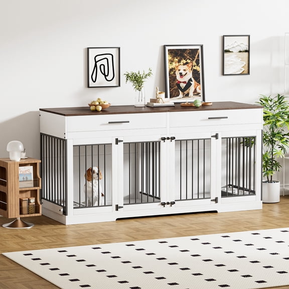 Rophefx 72" Dog Crate Furniture for 2 Dogs,Large Kennel with 2 Drawers and 4 Bowls,Wooden Heavy Duty Indoor Dog House,White