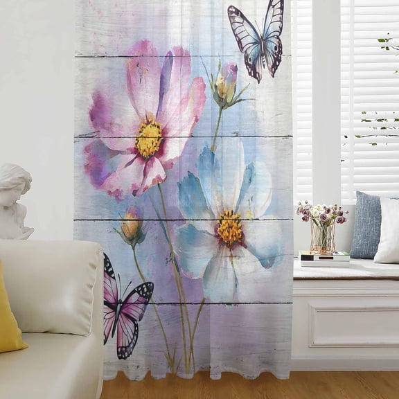 Pink Blue Floral Semi Sheer Curtains Drapes for Living Room,Bedroom,French Doors Window 96 Inches Long,Butterflies Vintage Oil Painting Wooden Rod Pocket Chiffon Curtain Drapery Voile Draperies Panel