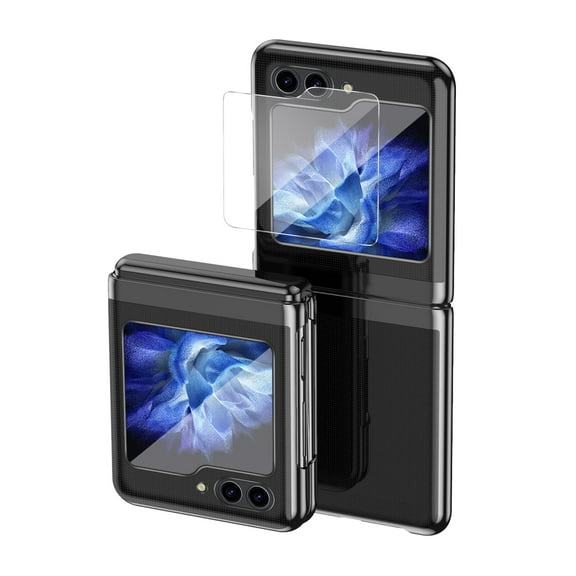 Anti-Slip Phone Case for Samsung Galaxy Z Flip 5 2023 5G,with Glass Screen Protector, Premium Plating Bumper Ultra Slim Hard PC Shell Cover Case for Samsung Galaxy Z Flip 5,Black