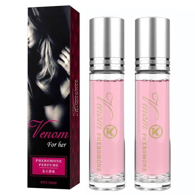 perfume feromonas perfume para mujer perfume para hombre perfumes para ella perfumes para hombre perfumes originales para mujer set de perfumes venom feromonas perfume para ella - fragancia duradera Set de 2 botellas cilíndricas de 10 ml con líquido rosa y tapa plateada, texto dorado 'Venom Pheromone' en los frascos; junto a caja negra vertical con foto en escala de grises de mujer y texto rosa 'Venom For her'. Composición frontal sobre fondo blanco; apto para llevar en bolso como set de viaje y regalo elegante.