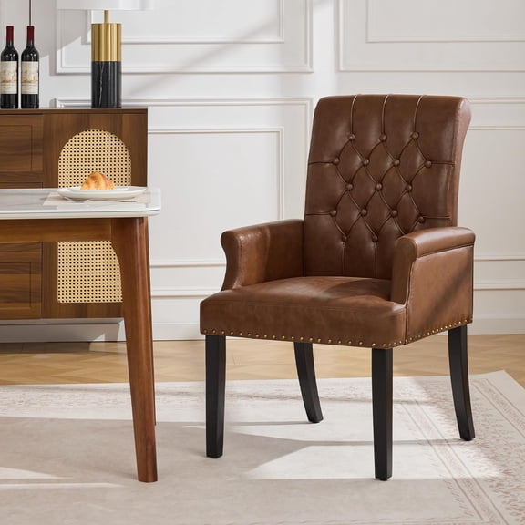 PU Leather Dining Chair with Arms, Upholstered Tufted High Back Dining Room Chairs, Accent Armchair with Solid Wood Leg and Nailhead Trim, Kitchen Dining Living Room, Coffee