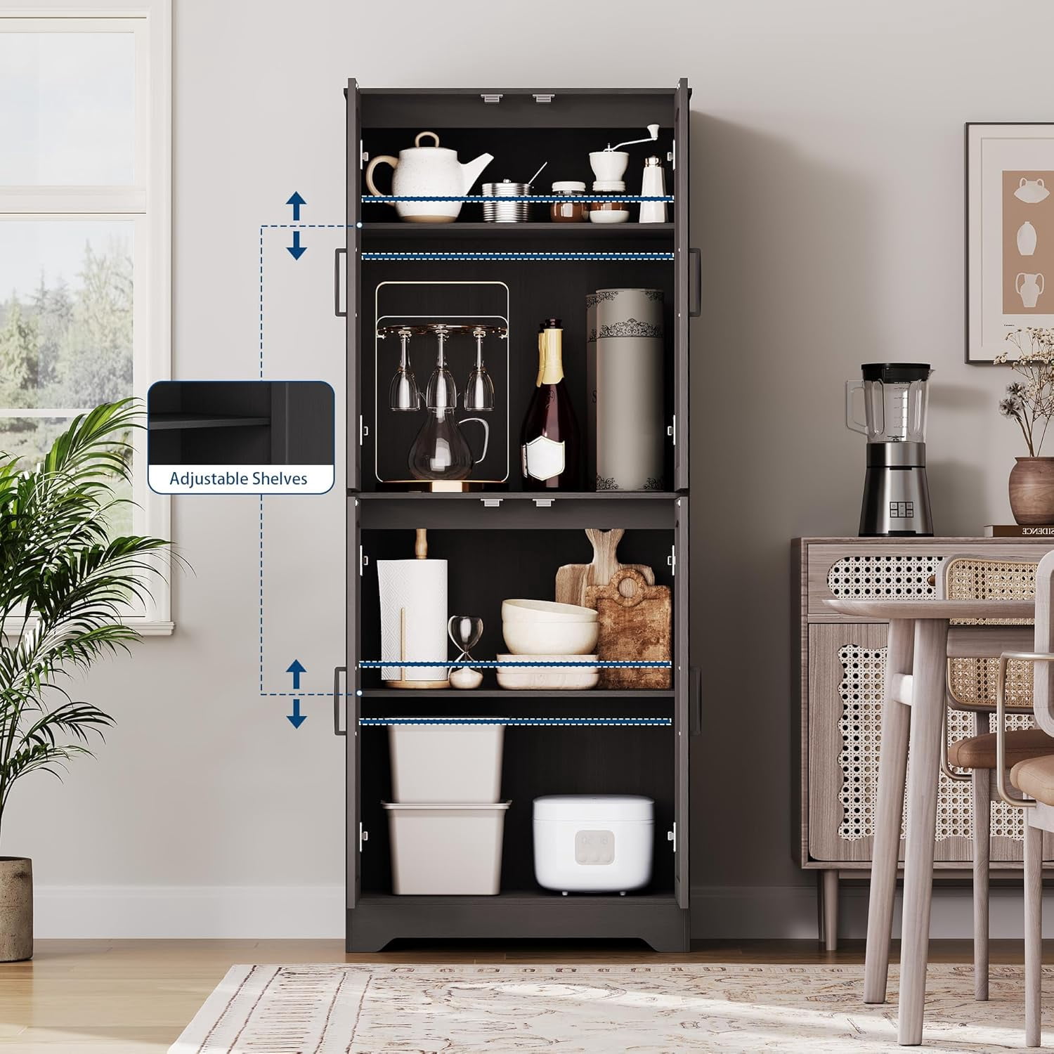 71" Tall Farmhouse Kitchen Pantry Cabinet – Freestanding Wooden Storage Cabinet with 4 Doors & Adjustable Shelves, Dining or Living Room Furniture, Black