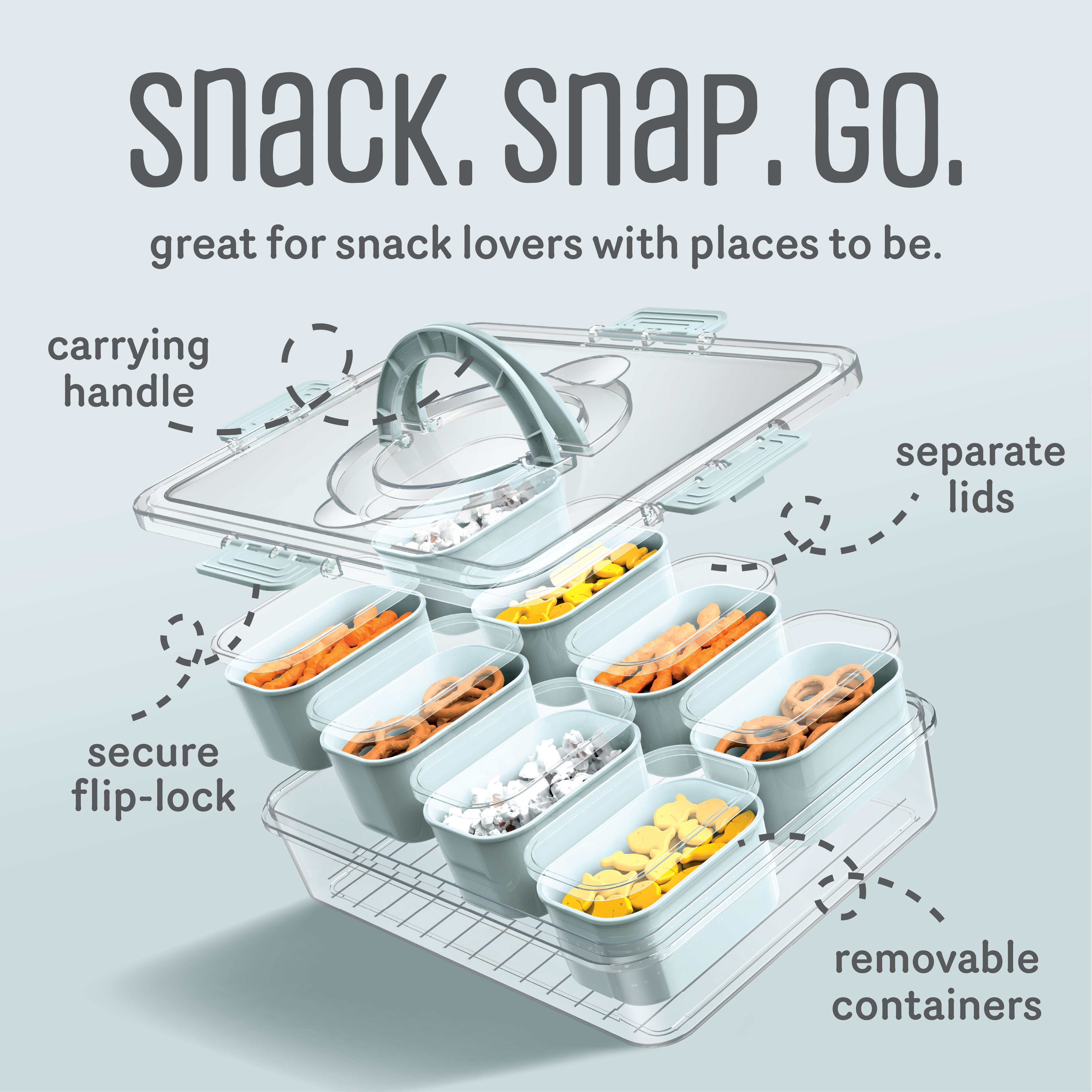 Cook With Color 8-Compartment Snackle Box Food Storage Carrier and Charcuterie Container, Divided Serving Tray with Lids and Handle, Gray, Portable and Dishwasher Safe