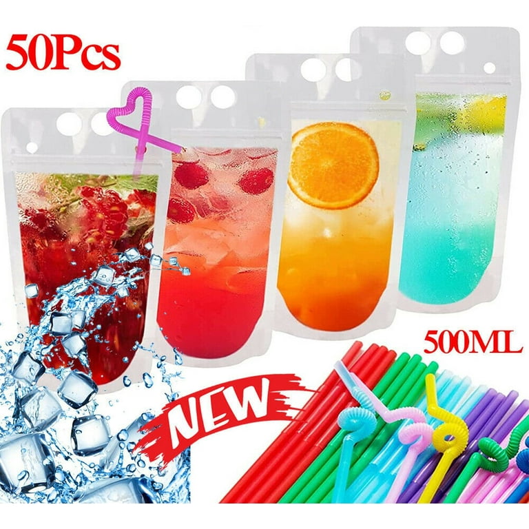 50 Pcs Drink Pouches for Adults,Frosted Translucent Drink Bags,Reusable  Juice Pouches Bags for Cold & Hot Drinks with 50 Straws & Funnel,AA15 