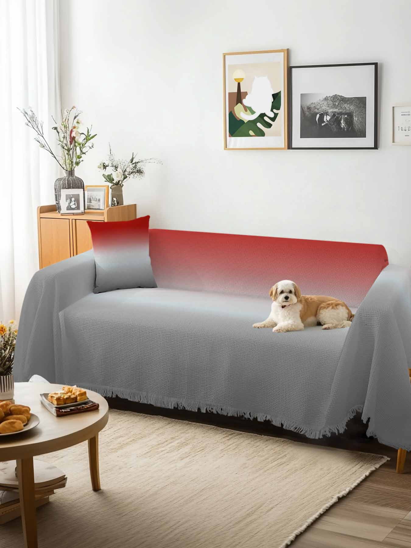 Red Gray Ombre Couch Cover, Modern Gradient Abstract Art Oversized Sofa Cover Blanket for 3 Cushion Couch, Sectional Sofa Slipcover Furniture Protector for Living Room Bedroom 71''x150''