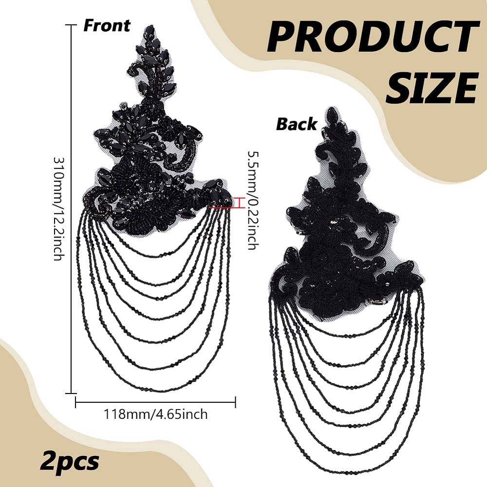 2pcs Rhinestone Sewing Ornaments Flower with Glass Seed Beads Mesh Yarn and Copper Alloy Black 310x118x5.5mm