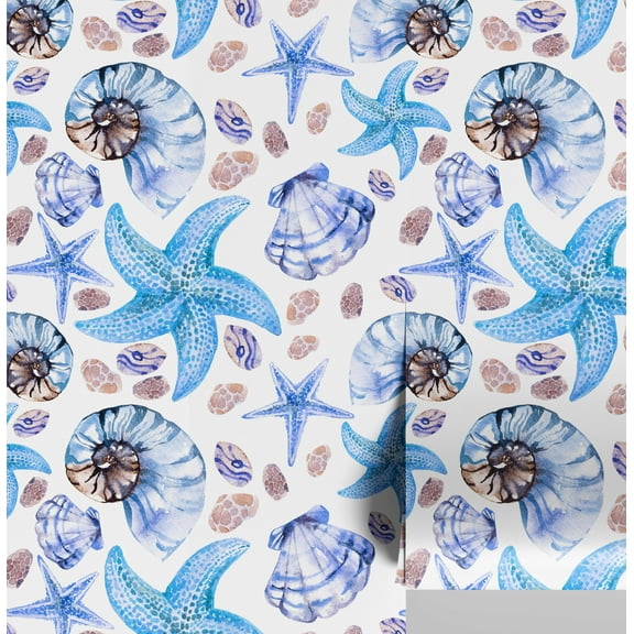 S4Sassy Peel and Stick Wall Covering, Sea Life Watercolor Shells & Starfish Removable Wall Wrap- Blue Instant Walls Mural for Bathroom, Laundry Room, Closet- Self-Adhesive Wallpaper Vinyl -25"x60"