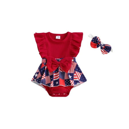 

MissiMae Baby Girls Summer Tutu Romper Ruffle Sleeve Flag Print Patchwork Playsuit with Headband