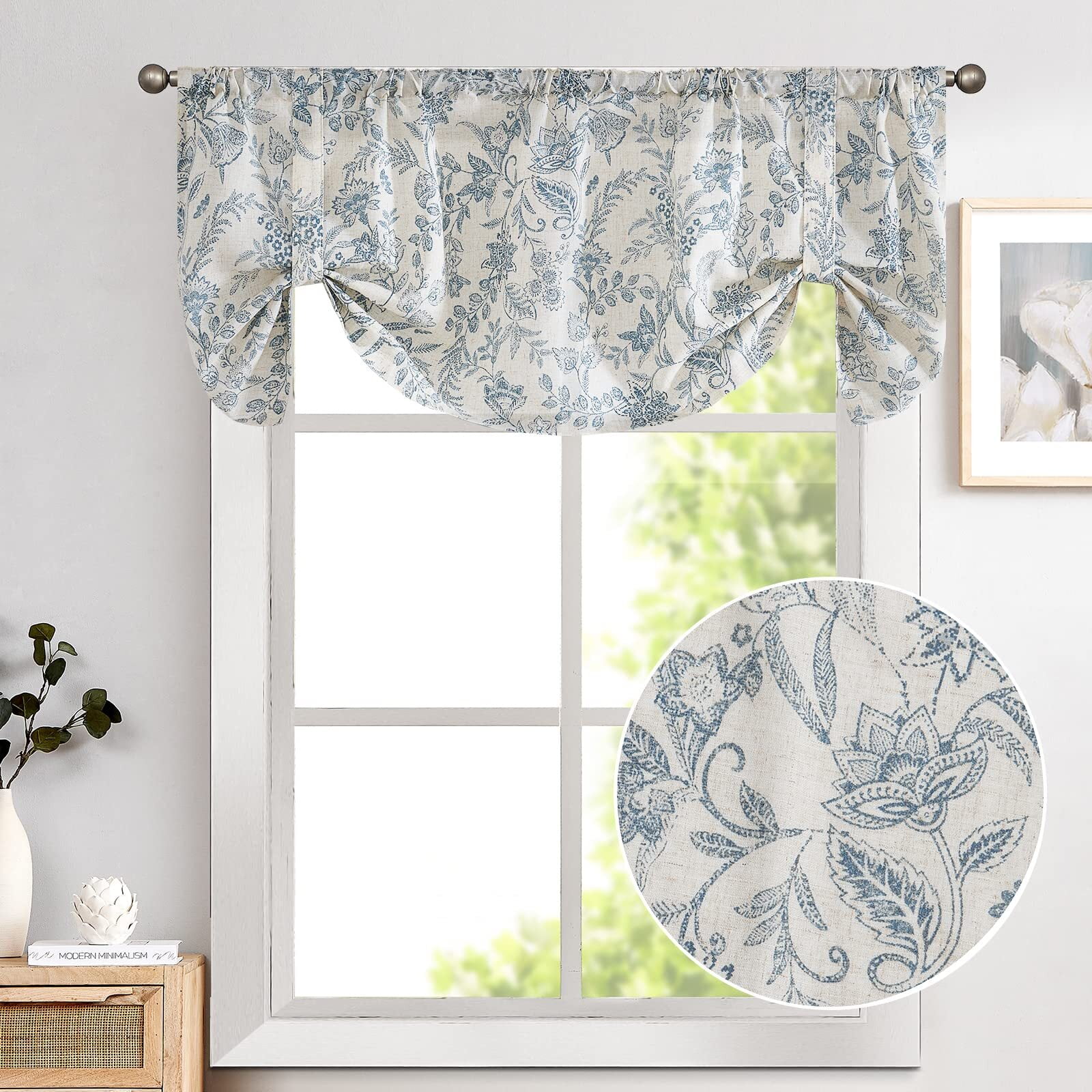 CURTAINKING Valance Curtain 20 inch Linen Floral Farmhouse Kitchen Curtain for Bathroom Tie Up Cafe Curtain Rod Pocket 1 Panel Blue on Beige