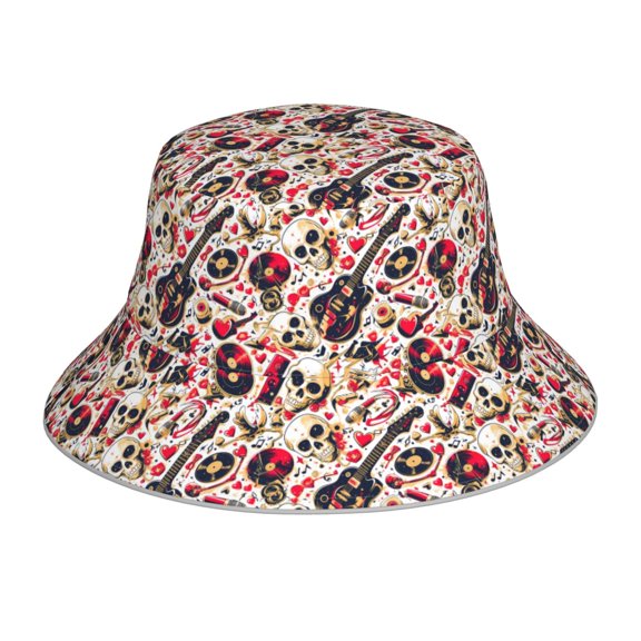 Kll Guitar Skull rock Bucket Hat for Women Men Packable Travel Beach Sun Hat Outdoor Rave Accessories Reflective Fisherman Cap