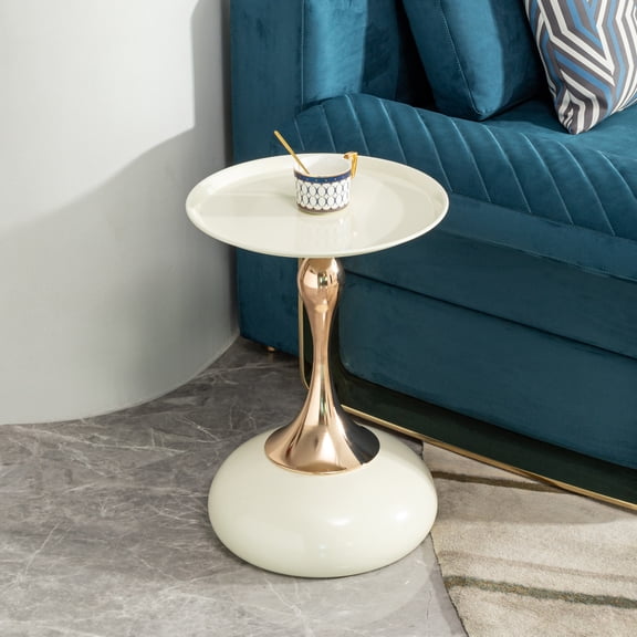 Small Round Side Table, White End Table for Living Room with Gold Metal Frame, 15" Diameter Cocktail Table for Small Space, Modern Accent Table
