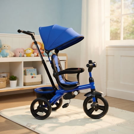 Topcobe 4-in-1 Kids Tricycle with Adjustable Push Handle, Toddler Stroller, Baby Wagon-Blue